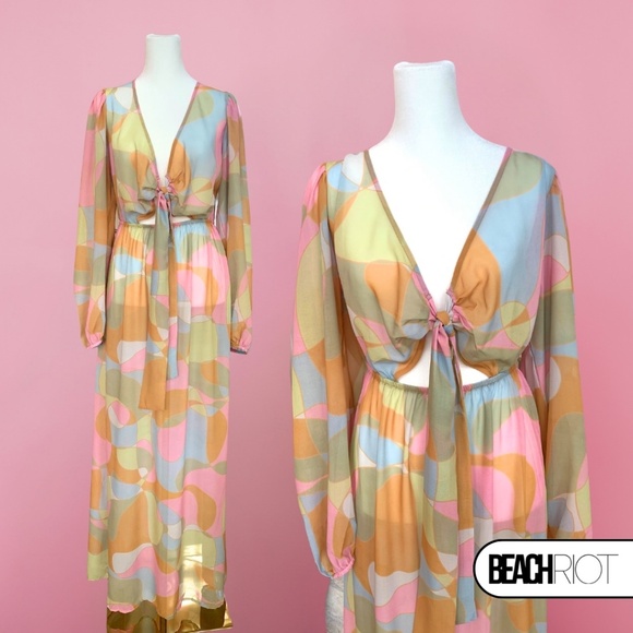 Beach Riot Waikiki Wave Cover Up Size XL Abstract Long Sleeve Maxi Summer Boho - Picture 3 of 4